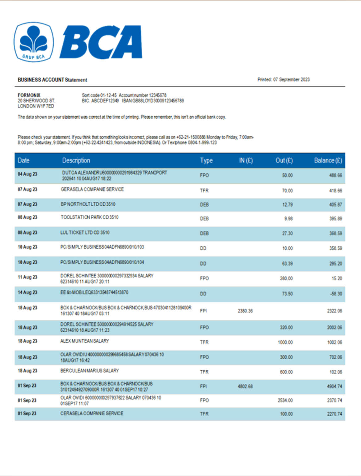 Bca bank organization statement word and pdf template download template